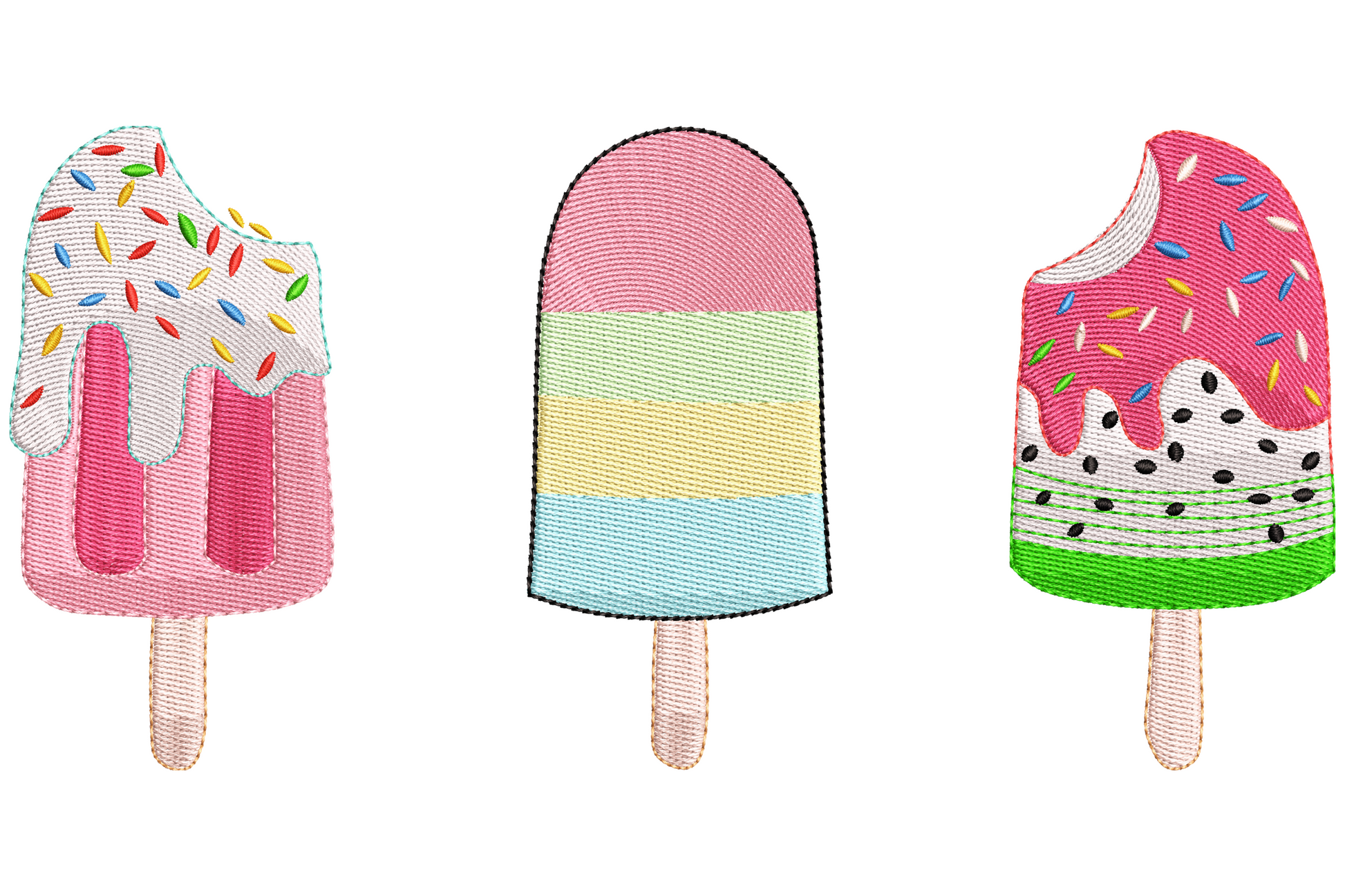 Three pastel popsicles lined up in pink, mint green, and berry tones with cream swirls on brown stick handles, flat cartoon illustration style.