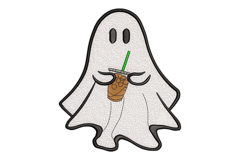 Cute white halloween ghost holding a brown iced coffee cup with green straw, 5 colour embroidery design, sizes 2.51 to 5.51 inch