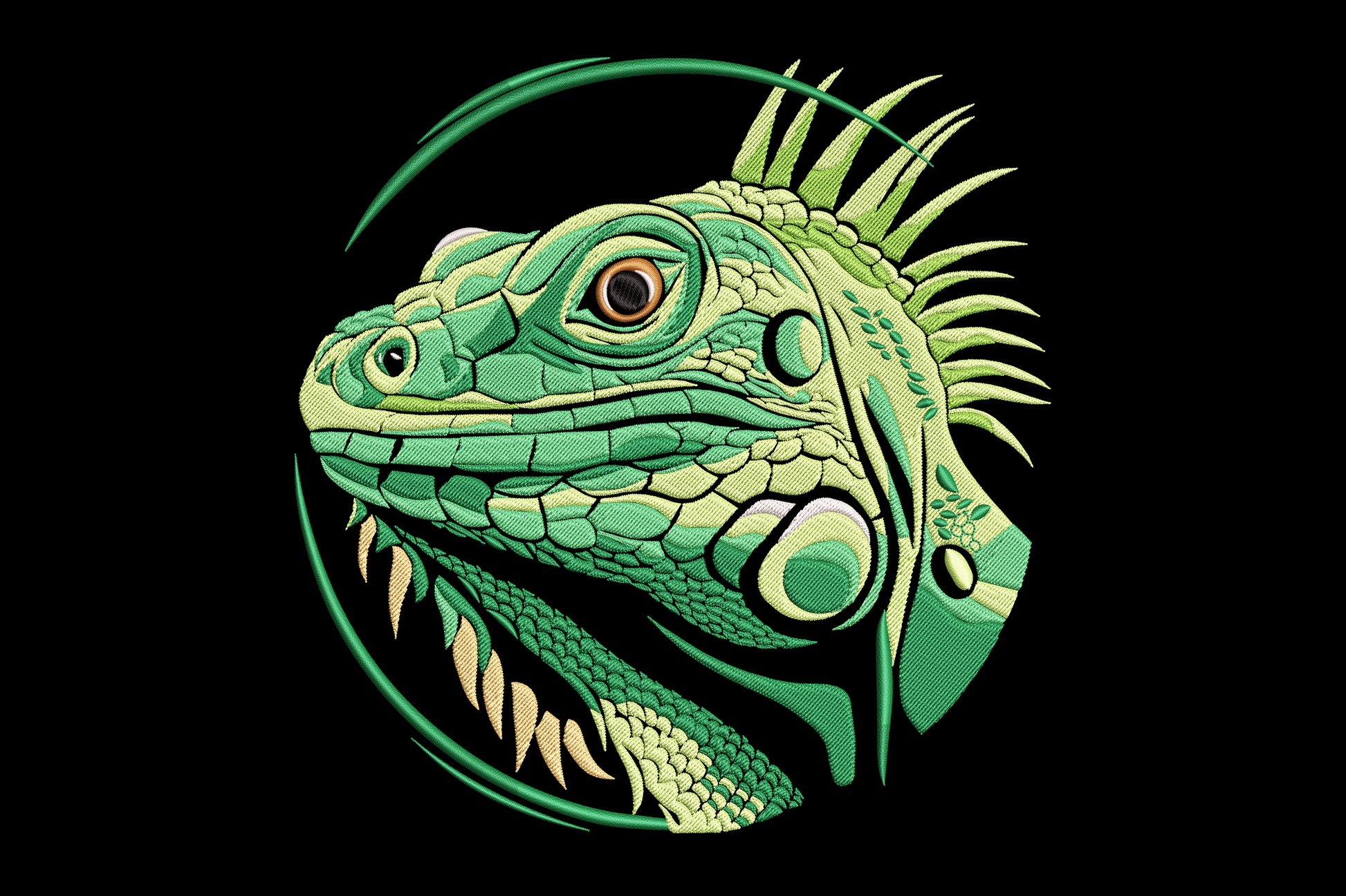 Iguana head embroidery design in circular frame with detailed scale texture, lime and forest green colors, dark eye, ivory teeth detail