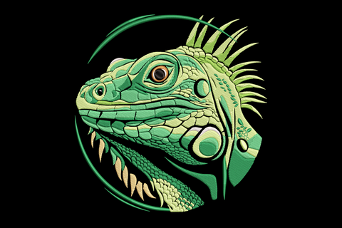 Iguana head embroidery design in circular frame with detailed scale texture, lime and forest green colors, dark eye, ivory teeth detail