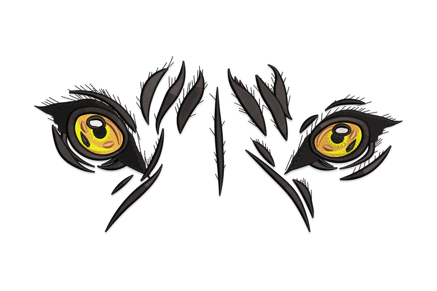 Intense predator eyes embroidery, amber irises with dark angular slash marks on white, minimal high-contrast wildlife style.