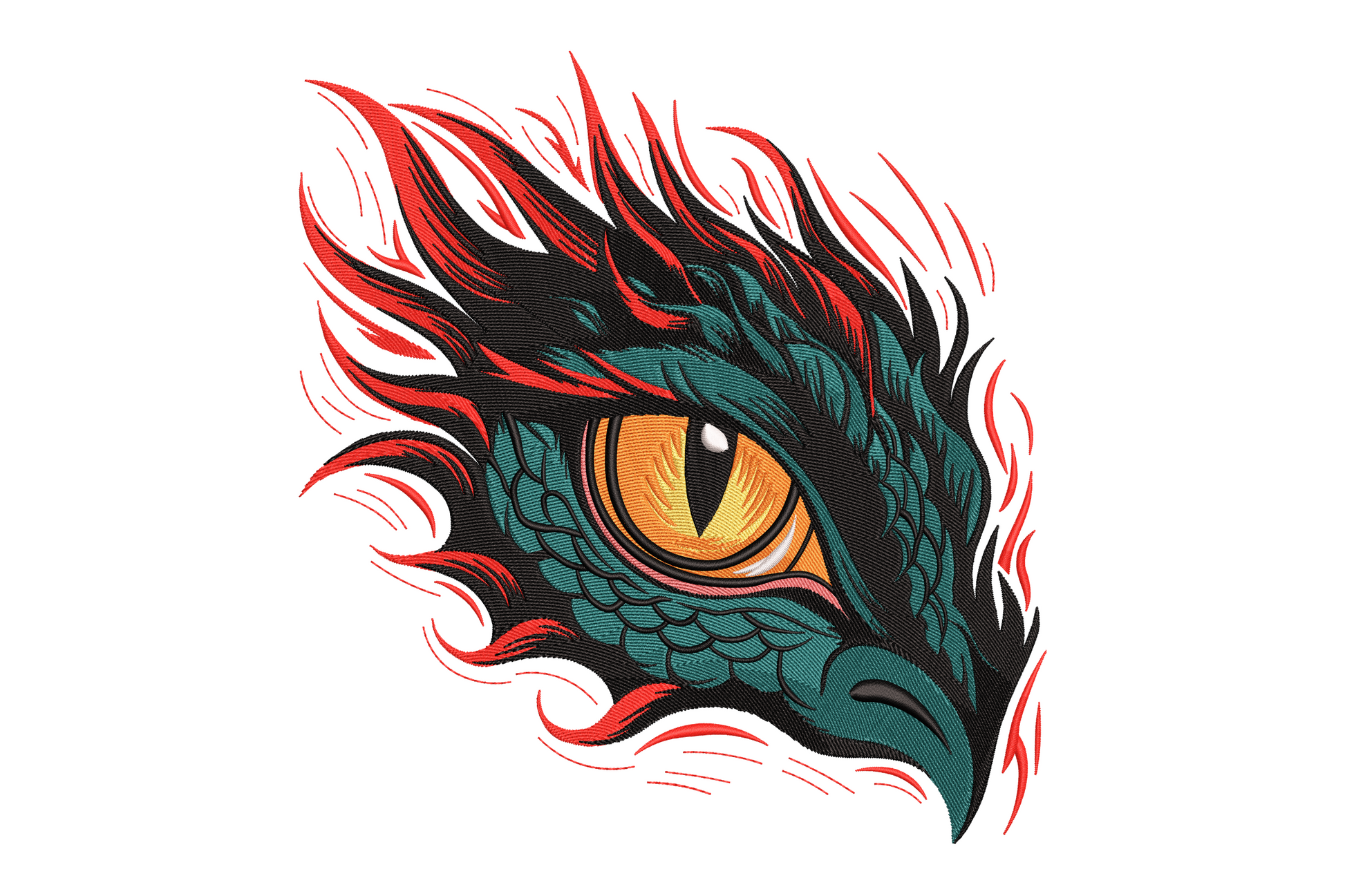 Embroidery design of a dragon eye extreme close-up with teal-green overlapping scales, an amber-yellow iris, vertical slit pupil, and jagged red flame spikes radiating from all edges of the design.