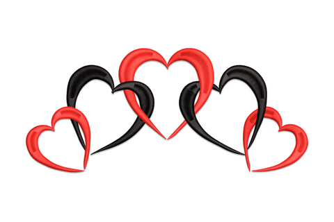 Machine embroidery design of two interlocking hearts linked together in 8 colors, low density outline style, landscape orientation