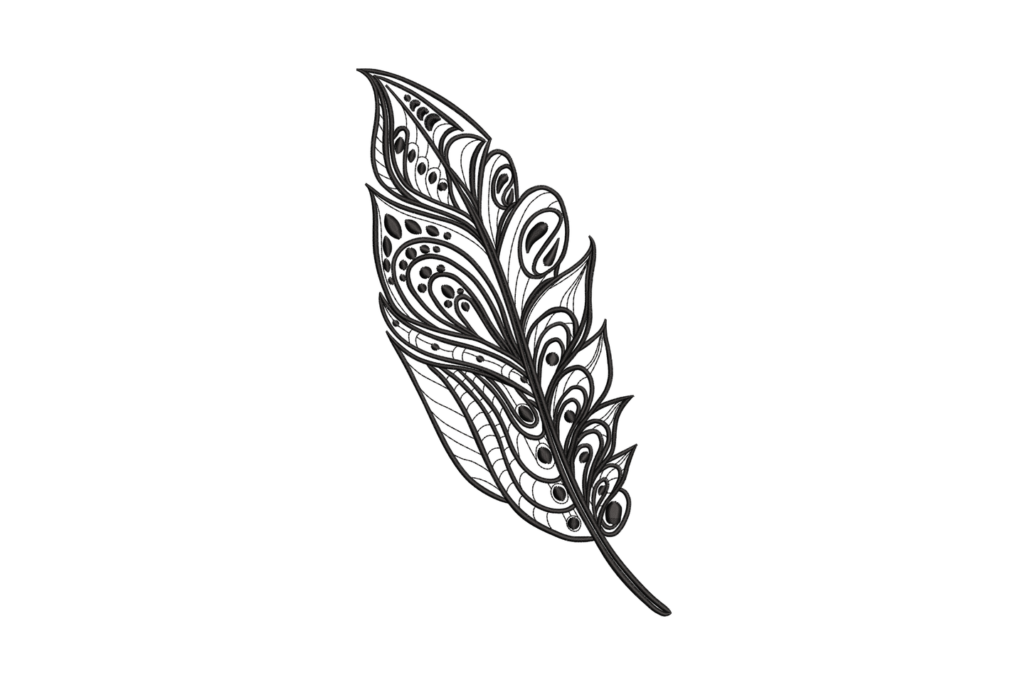 Ornate boho feather with paisley swirls, teardrops and dot clusters split into compartments, blackwork style.