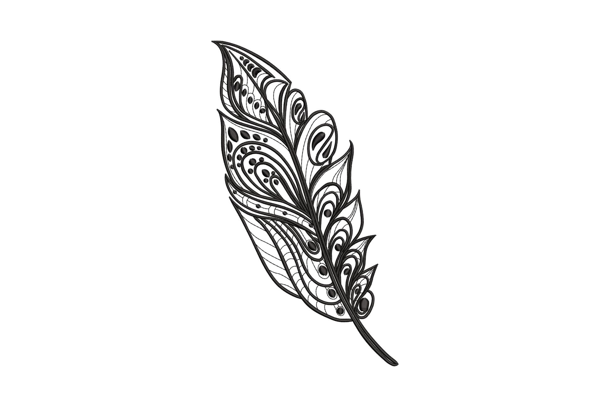 Ornate boho feather with paisley swirls, teardrops and dot clusters split into compartments, blackwork style.