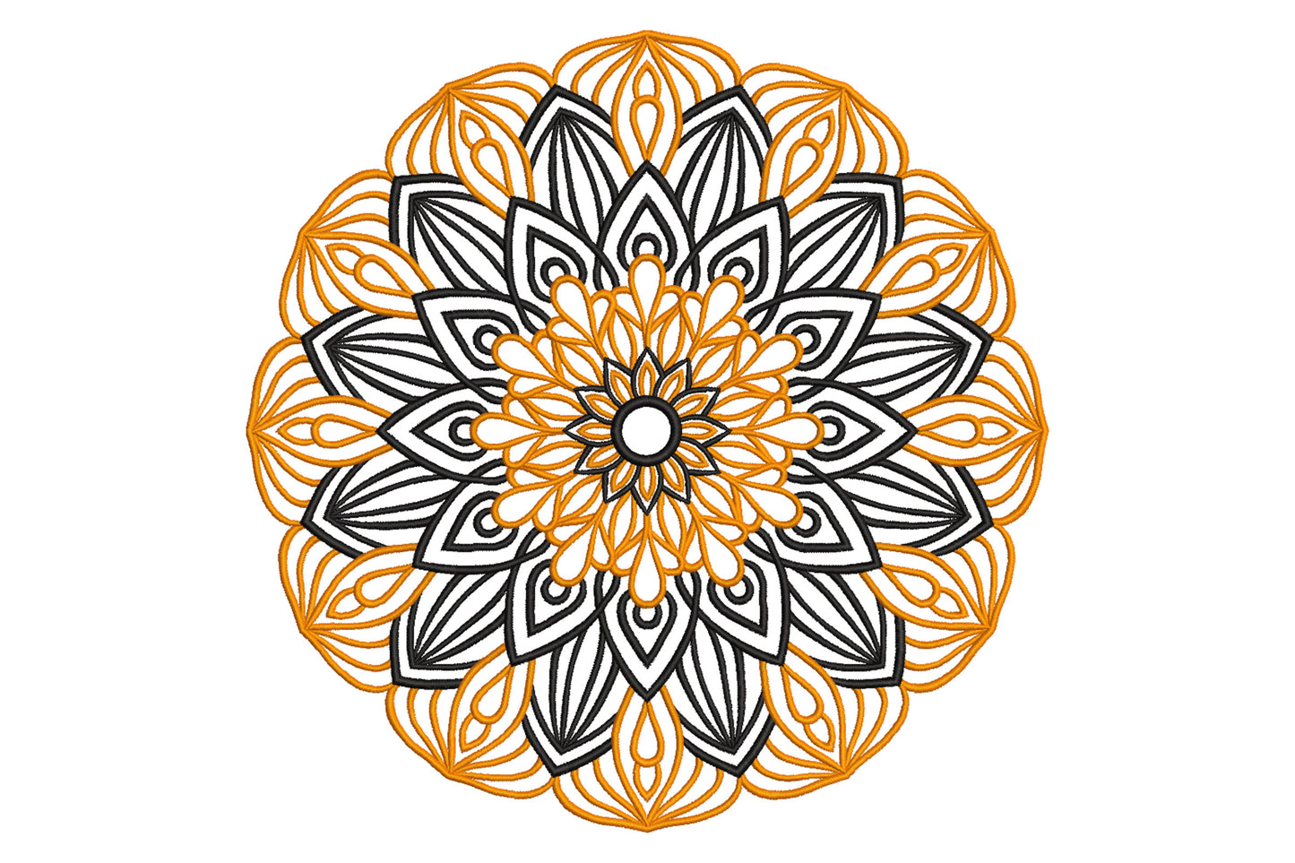 Intricate floral mandala embroidery design with concentric rings of teardrop and almond petals in alternating amber orange and black thread.