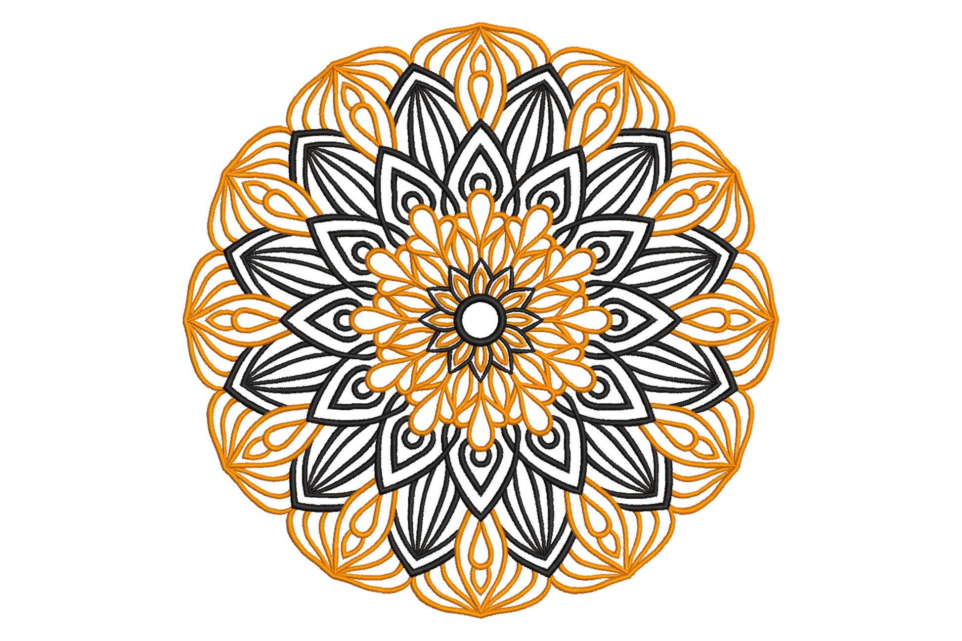 Intricate floral mandala embroidery design with concentric rings of teardrop and almond petals in alternating amber orange and black thread.