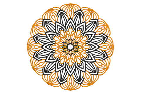 Intricate floral mandala embroidery design with concentric rings of teardrop and almond petals in alternating amber orange and black thread.