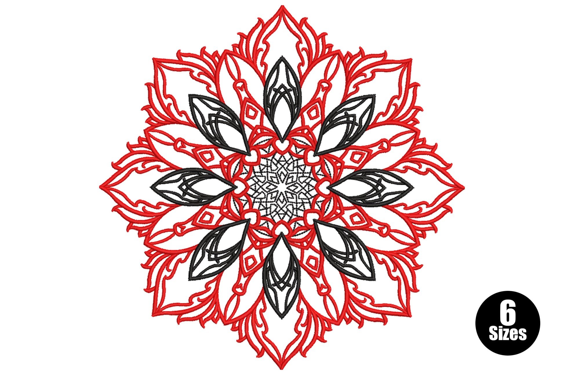 Intricate red and black floral mandala embroidery design with layered pointed petal rings and a geometric star center on white background.