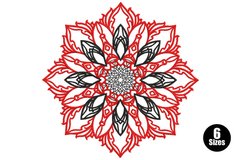 Intricate red and black floral mandala embroidery design with layered pointed petal rings and a geometric star center on white background.