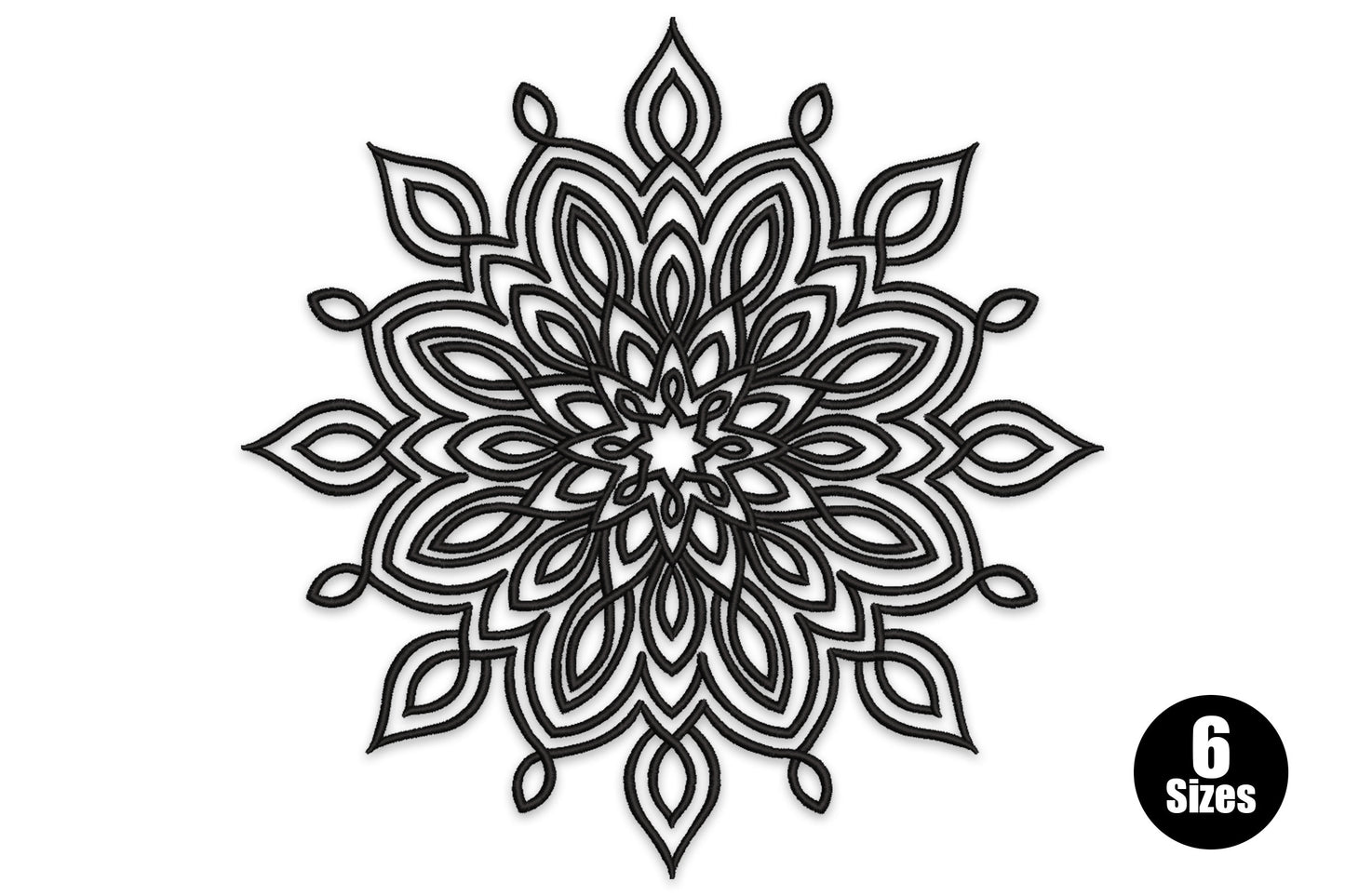 Intricate symmetrical mandala embroidery design in black with satin-filled teardrop petal clusters, double-outline borders and small detached bud forms at the outer edge.