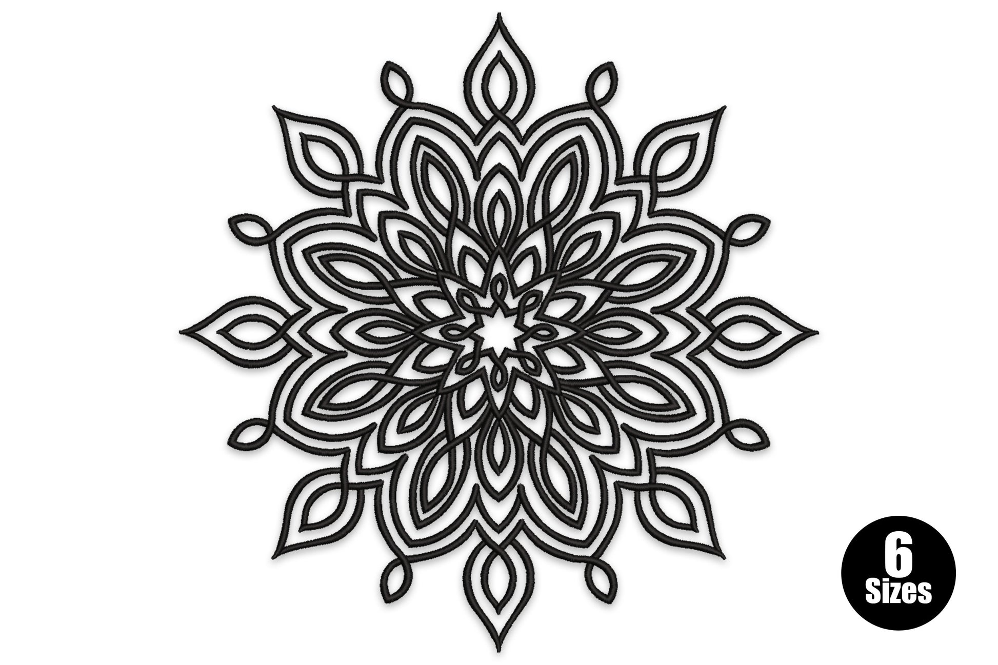 Intricate symmetrical mandala embroidery design in black with satin-filled teardrop petal clusters, double-outline borders and small detached bud forms at the outer edge.