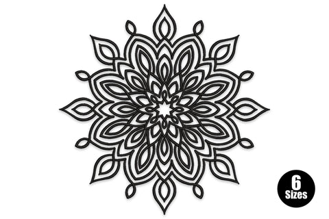 Intricate symmetrical mandala embroidery design in black with satin-filled teardrop petal clusters, double-outline borders and small detached bud forms at the outer edge.