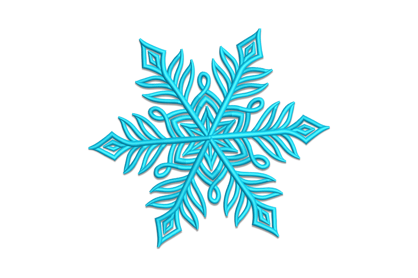 Intricate winter snowflake machine embroidery design in aqua with dense feather-arm satin fills and petal-shaped branch detail, shown on white background