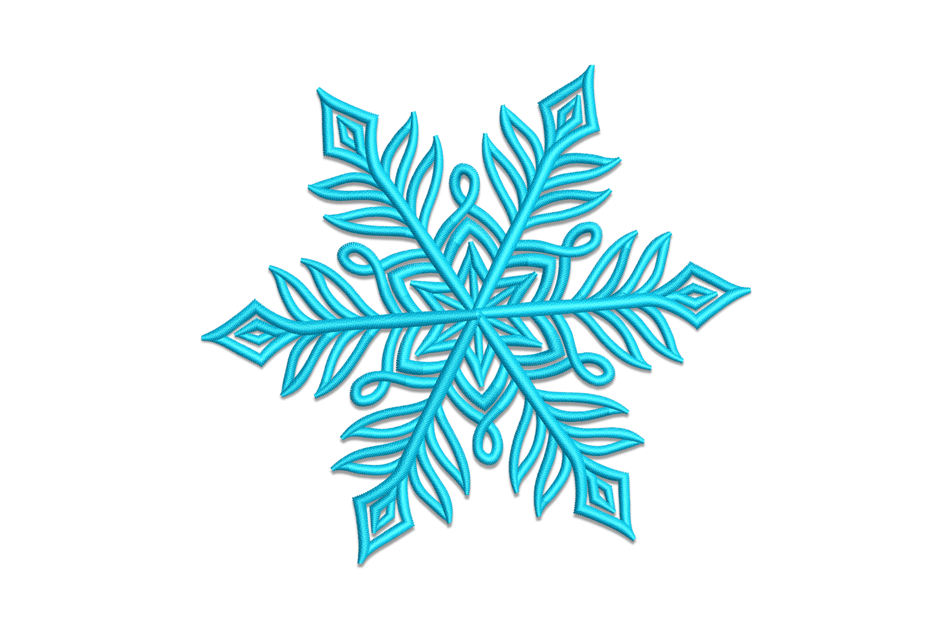 Intricate winter snowflake machine embroidery design in aqua with dense feather-arm satin fills and petal-shaped branch detail, shown on white background