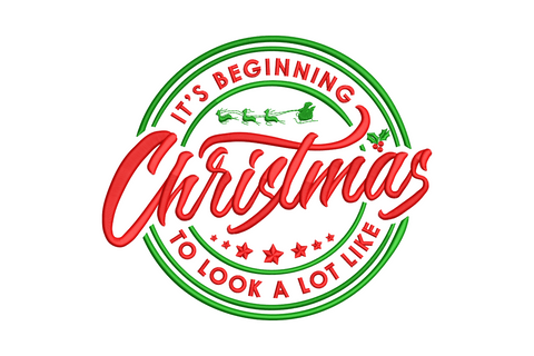 Circular badge christmas embroidery design with red script lettering and green satin ring frame, holiday typography word art