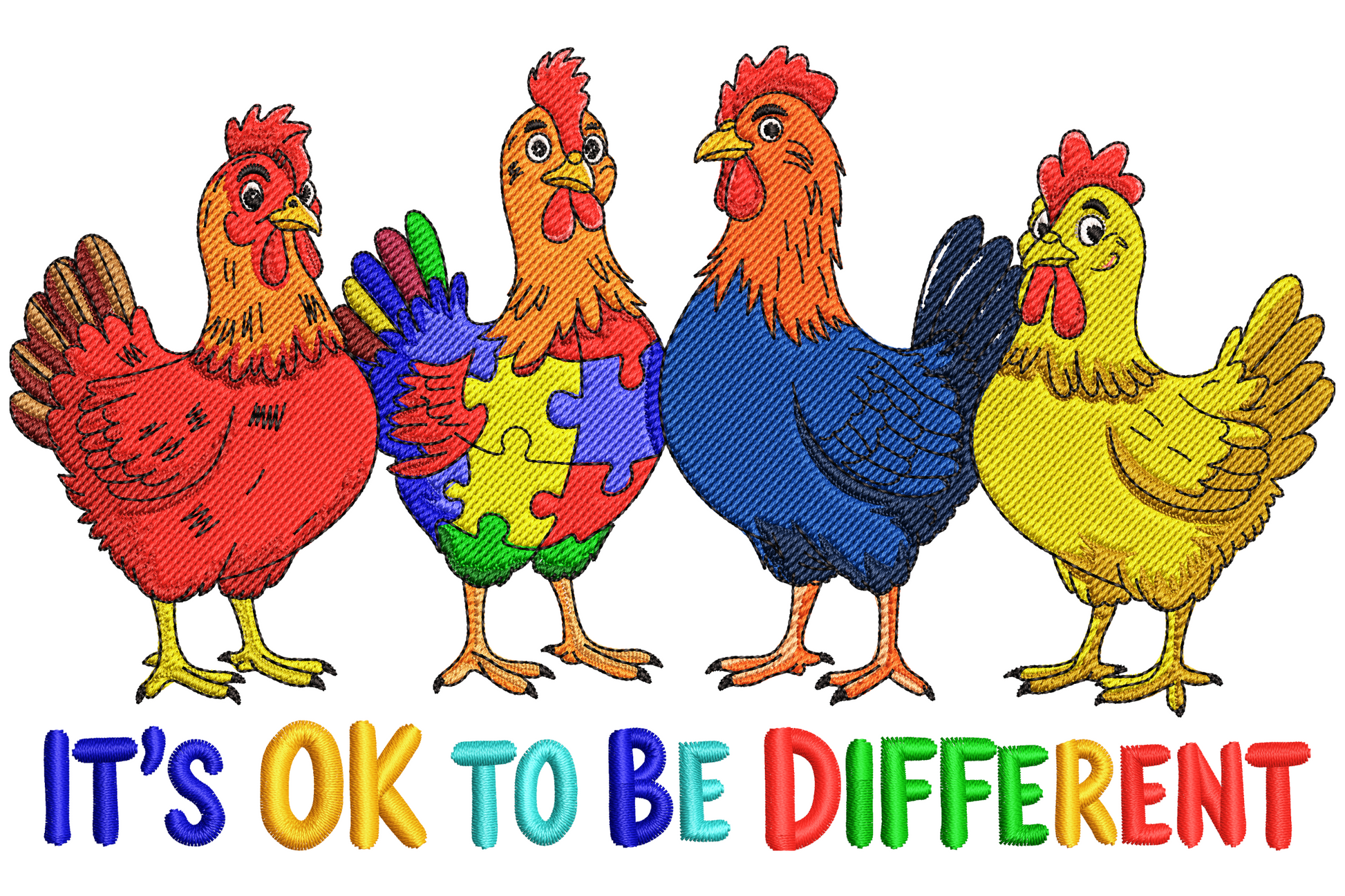 Colourful chickens embroidery design with four birds in a row and autism puzzle piece, rainbow IT'S OK TO BE DIFFERENT text below, 9 sizes.