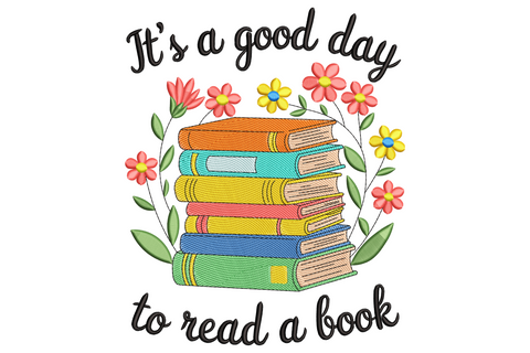 Open vintage book embroidery with pastel wildflowers spilling from pages and cursive script reading its a good day to read a book on cream background.
