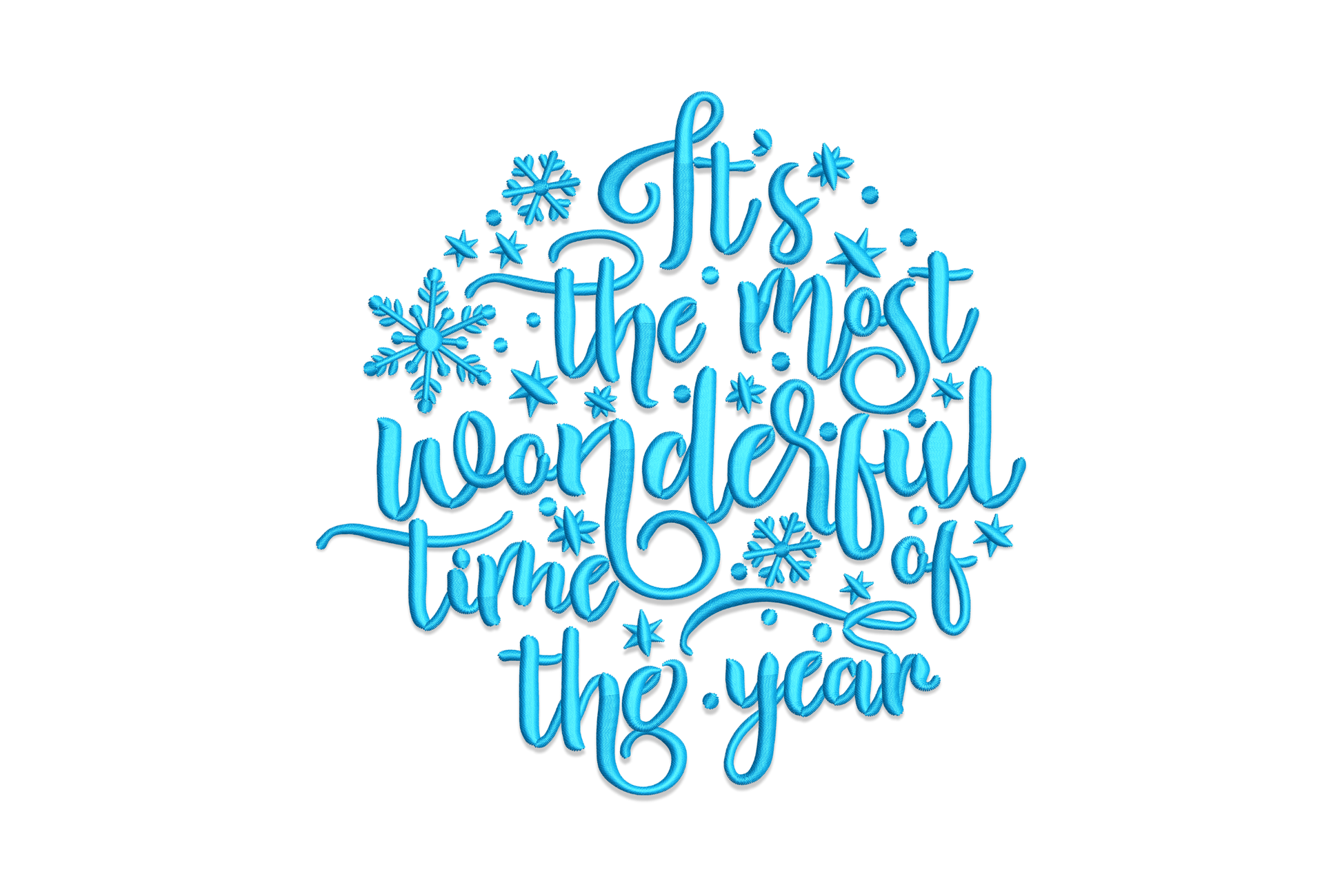 It's the most wonderful time of the year embroidery design, sky blue flowing script in a circular layout with snowflakes and stars between lines.