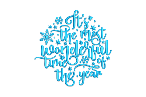 It's the most wonderful time of the year embroidery design, sky blue flowing script in a circular layout with snowflakes and stars between lines.