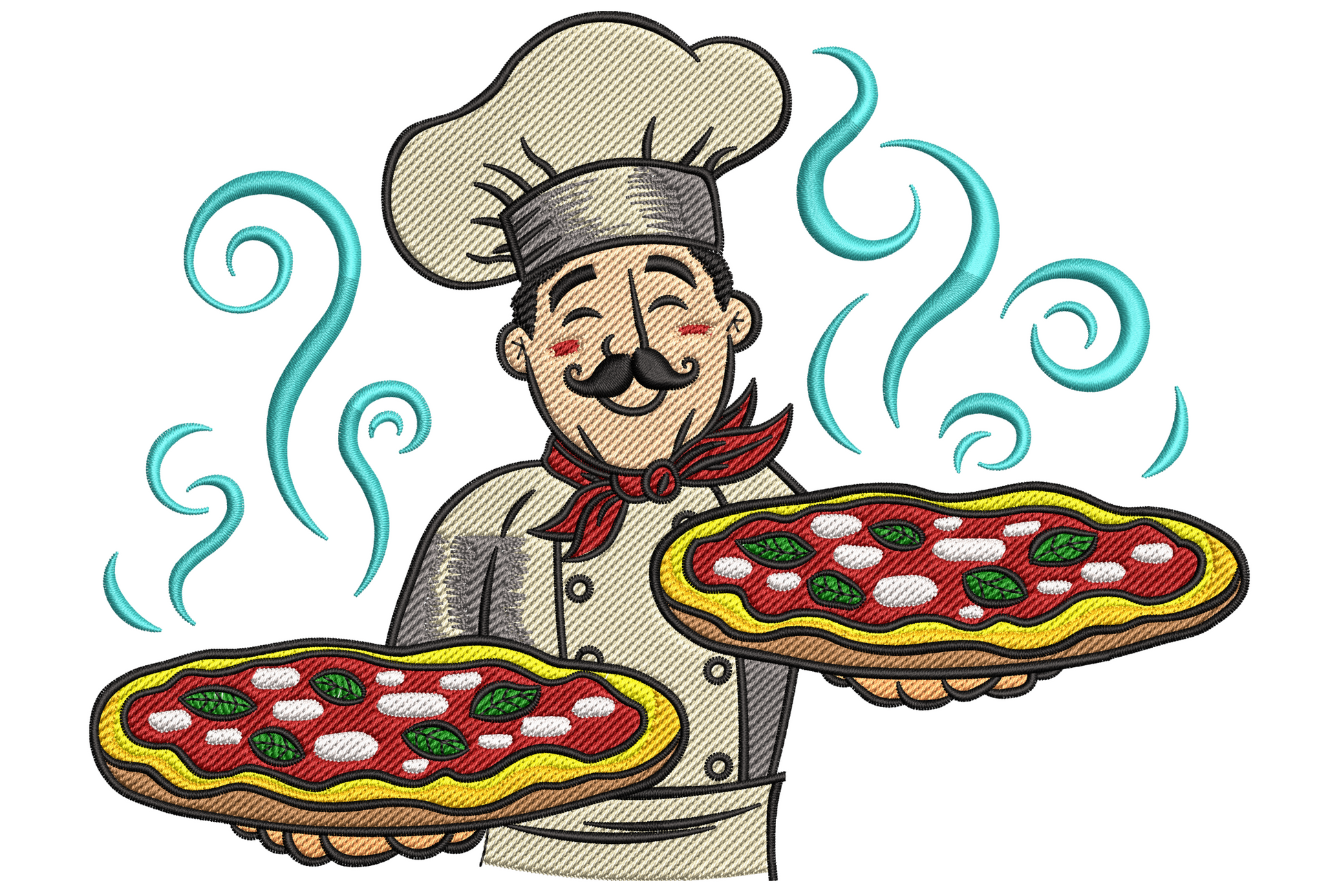 Mustachioed Italian chef in tall white toque holding two pepperoni pizzas with aqua steam swirls