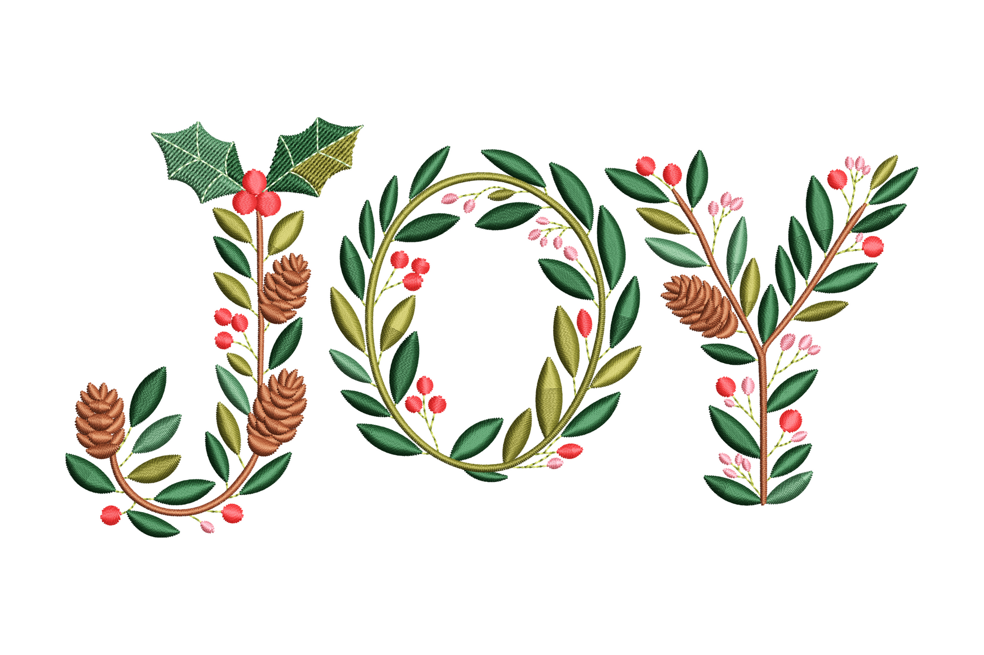Christmas floral monogram border embroidery with holly leaves, red berries, brown pine cones and small pink blooms