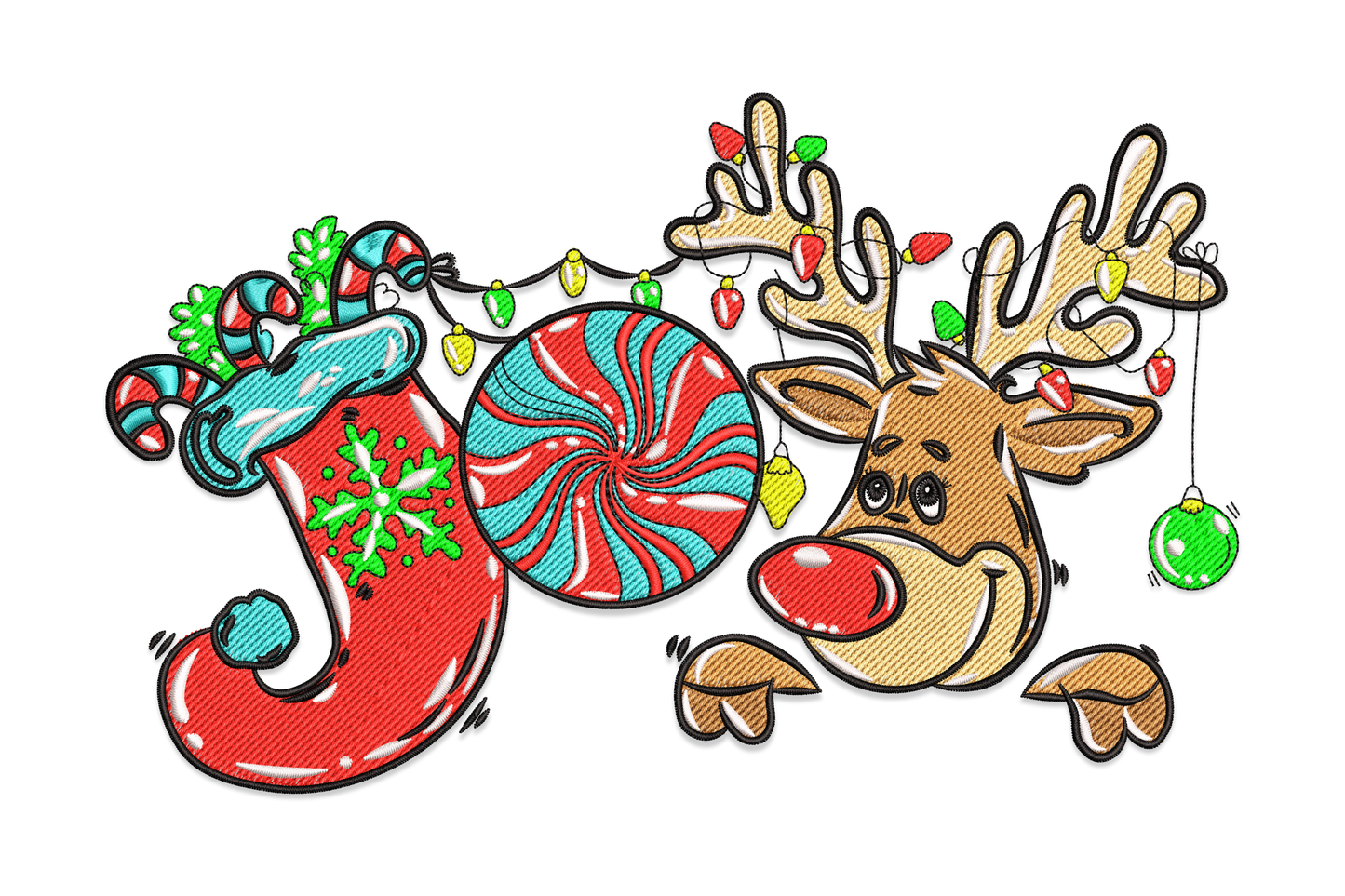 JOY Christmas reindeer embroidery design with cream block lettering and a cocoa reindeer head inside the letter O, with crimson nose, on charcoal hoodie fabric.