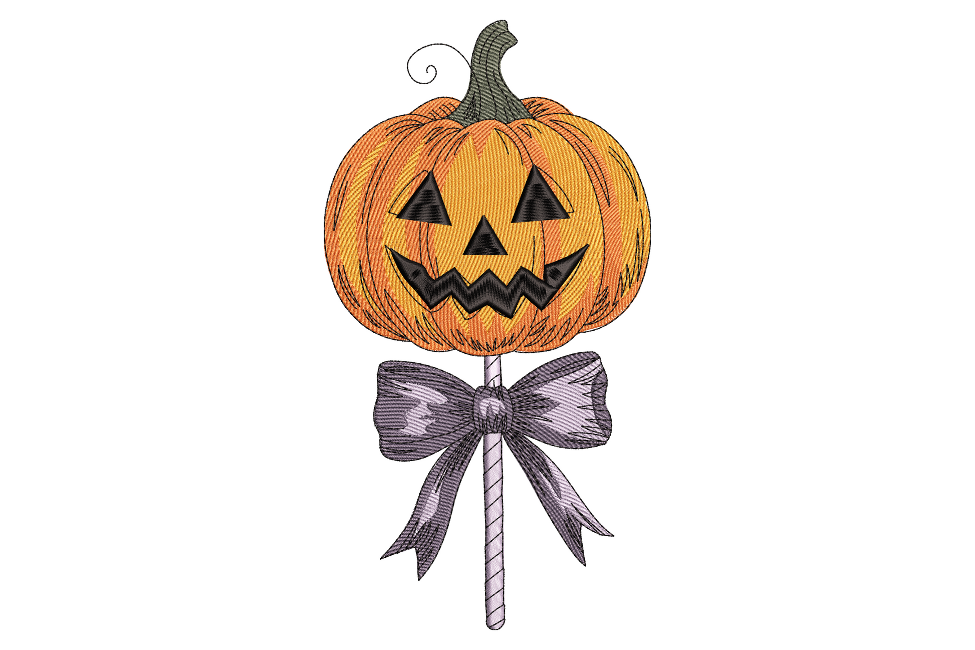Jack o lantern lollipop halloween embroidery design, carved pumpkin face on candy stick in bright orange and black, six colour tall narrow machine embroidery