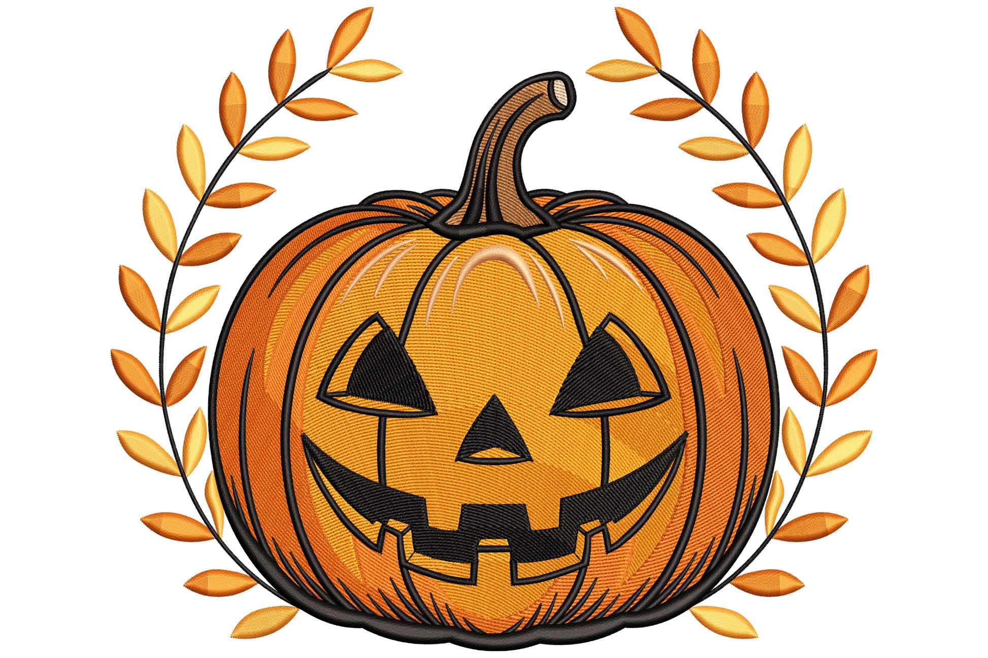 Jack o lantern pumpkin halloween embroidery design, orange carved pumpkin with glowing face in bold satin stitch cartoon style, 2.94 inches wide.