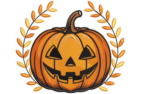 Jack o lantern pumpkin halloween embroidery design, orange carved pumpkin with glowing face in bold satin stitch cartoon style, 2.94 inches wide.