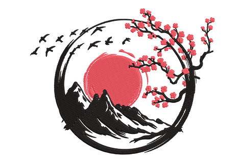 Japanese sakura mountain machine embroidery design in black and cherry blossom pink, Mount Fuji silhouette with flowering cherry branches, woodblock print inspired landscape style