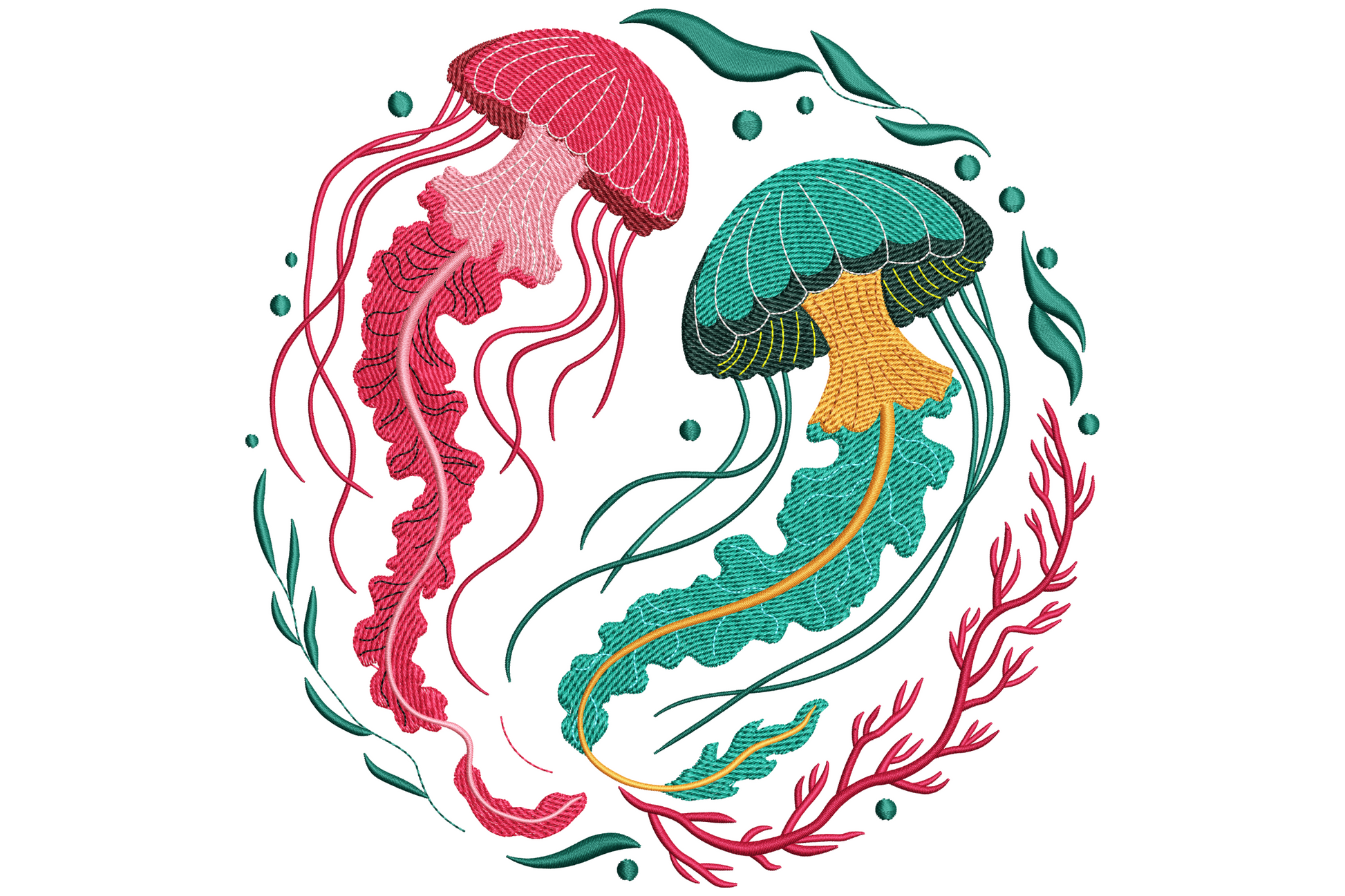 Two jellyfish embroidery design, pink magenta jellyfish and teal green jellyfish with orange ribs facing each other inside a circular dark teal seagrass wreath border.