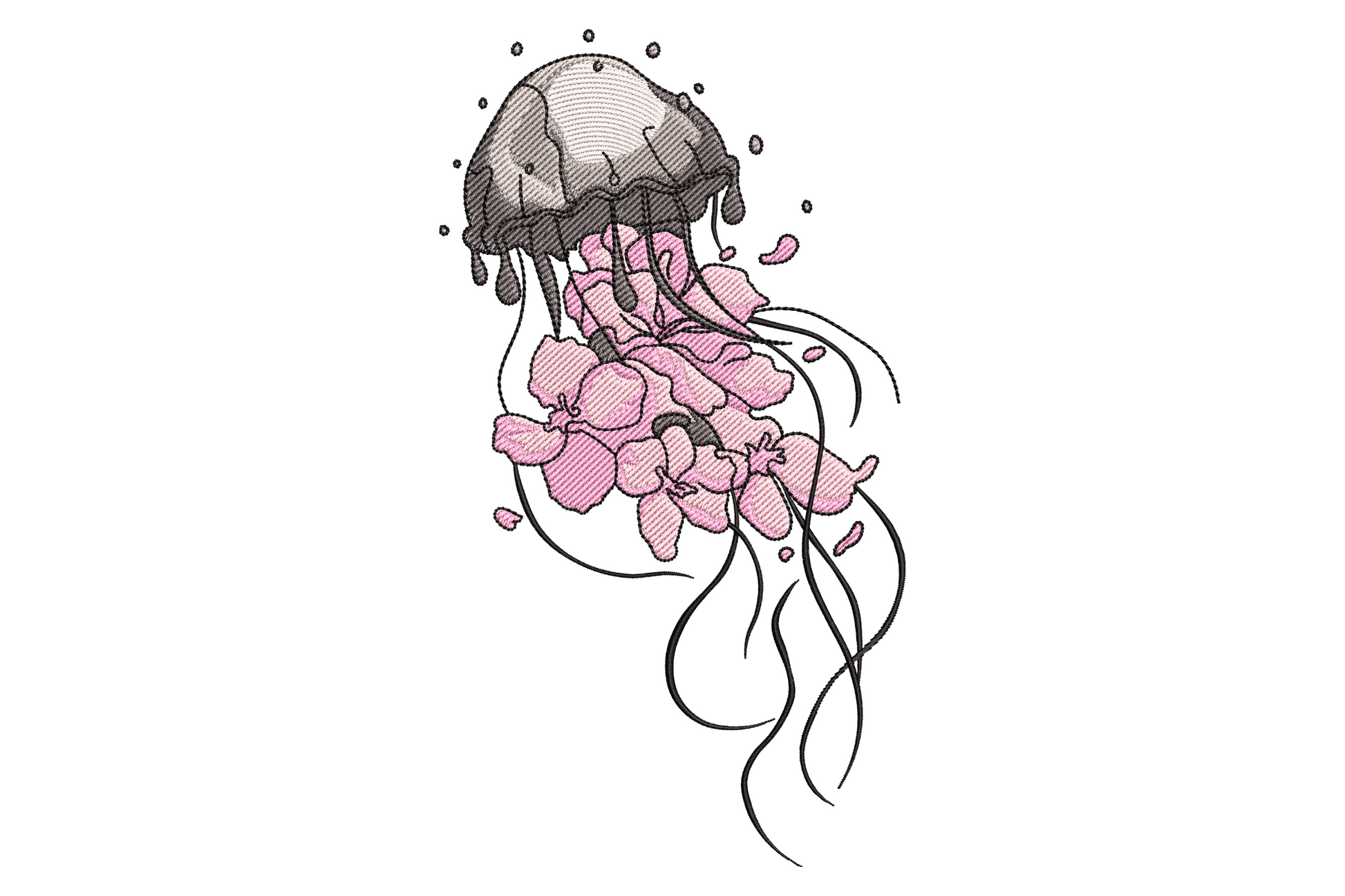 Jellyfish floral embroidery design with dark charcoal bell and trailing pink blossom tentacles on white background.