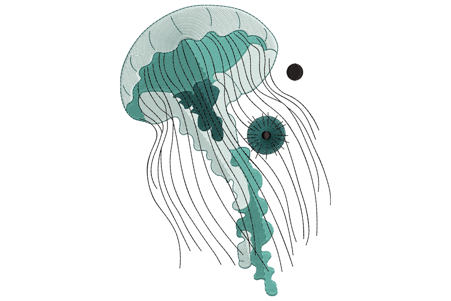 Jellyfish embroidery design, single jellyfish with teal bell and flowing line-work tentacles in minimalist sea sketch style