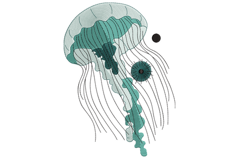 Jellyfish embroidery design, single jellyfish with teal bell and flowing line-work tentacles in minimalist sea sketch style
