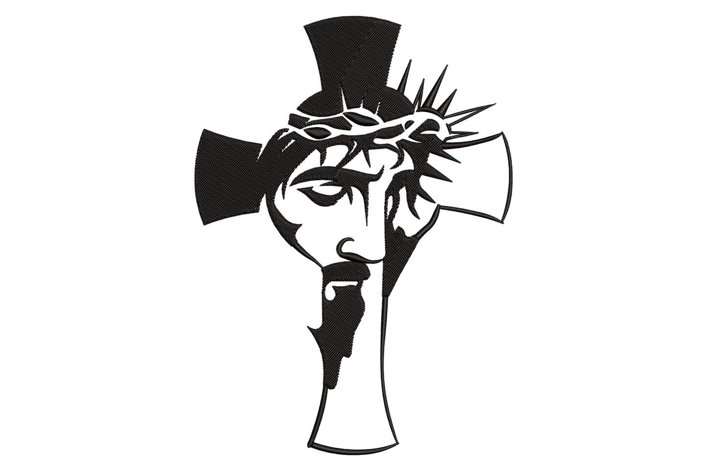 Jesus cross embroidery design with solid black silhouette of cross and crown of thorns face carved from negative space inside the crossbar