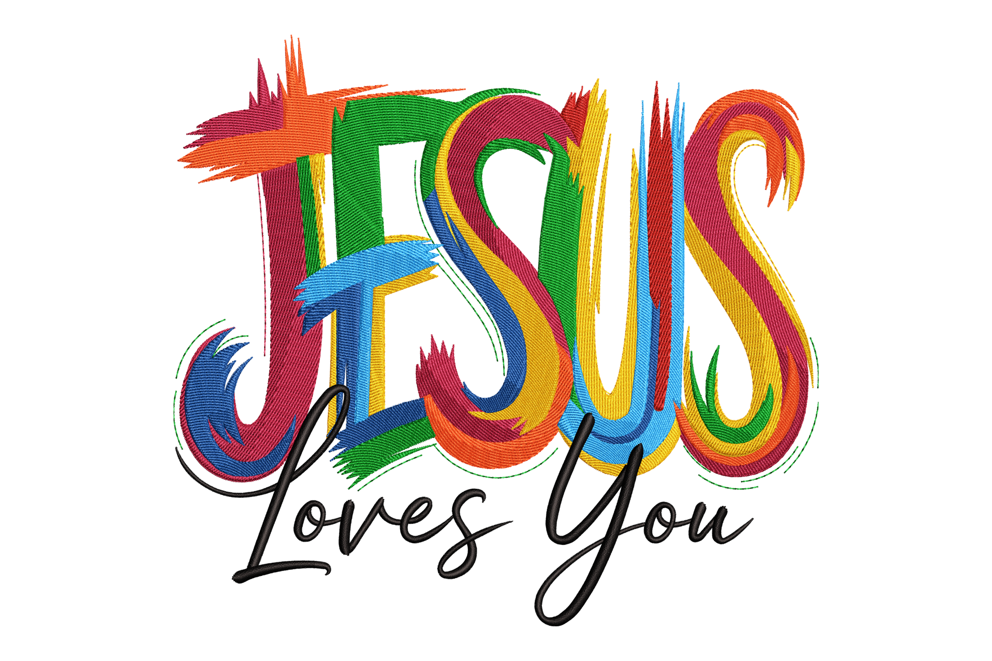 Colorful text 'JESUS Loves You' on a white background