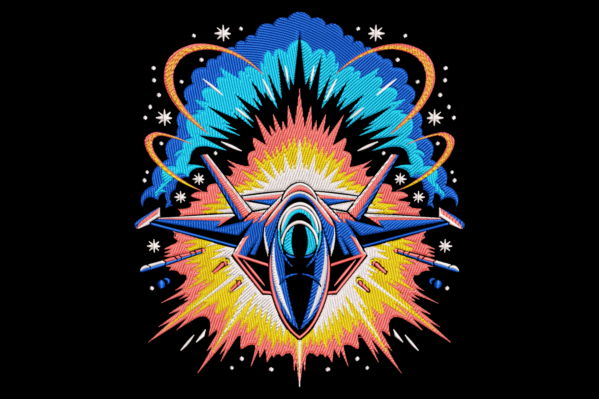 Stealth jet fighter embroidery flying out of a cyan and orange fireball with star sparks on black background