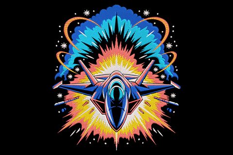 Stealth jet fighter embroidery flying out of a cyan and orange fireball with star sparks on black background