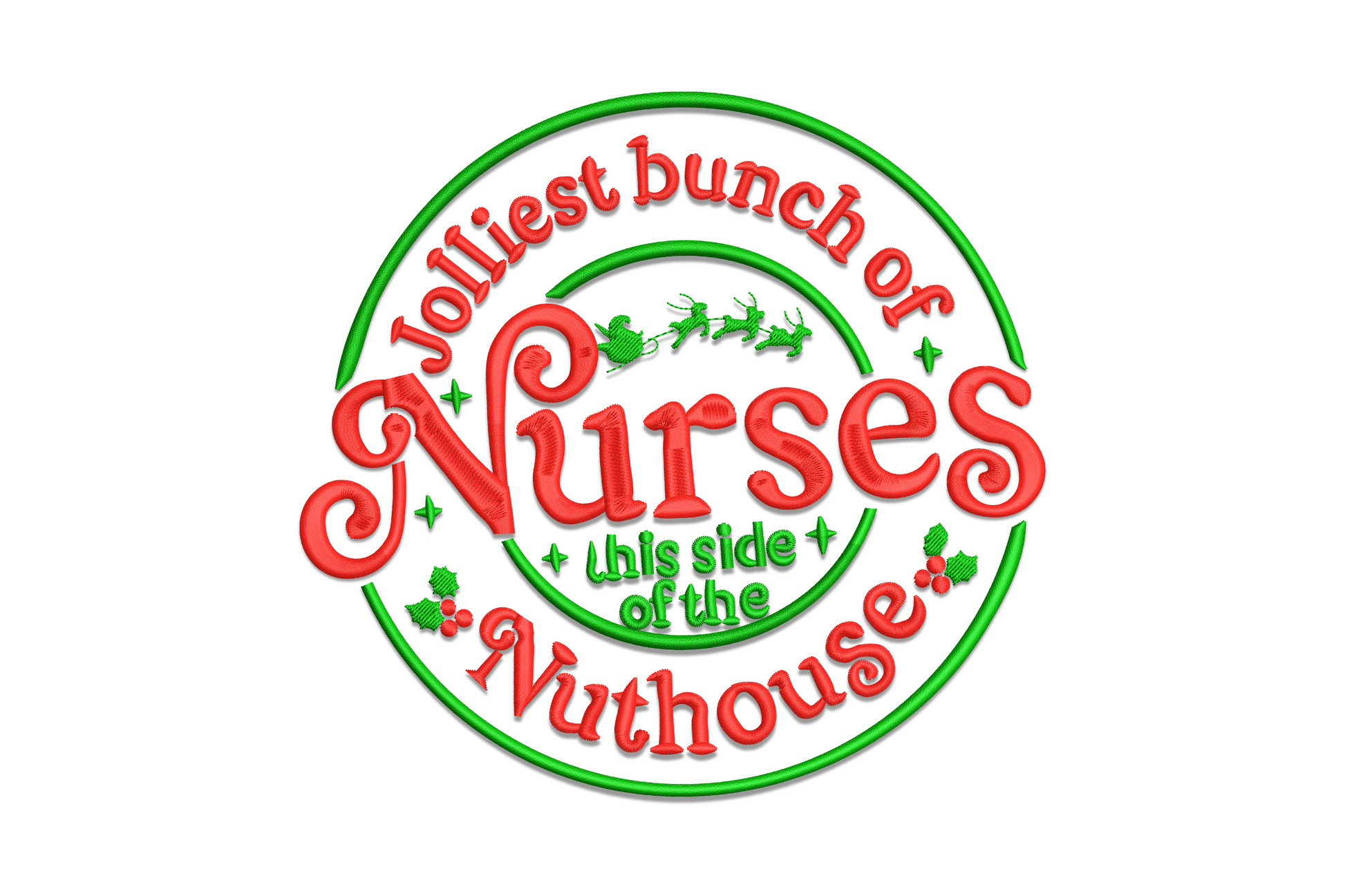 Christmas nurse quote embroidery design with bold festive lettering reading jolliest bunch of nurses, red on white, 5 sizes