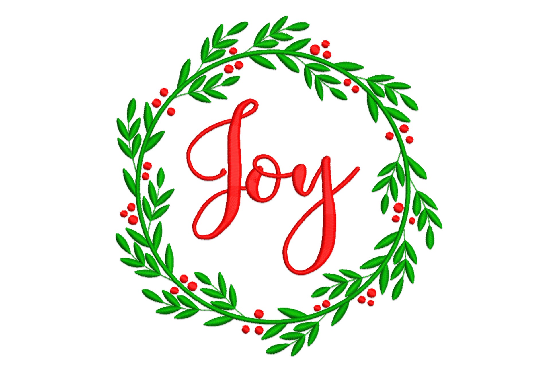 Joy christmas wreath embroidery, circular dark green bay leaf ring with red berries and red cursive Joy script in the centre.