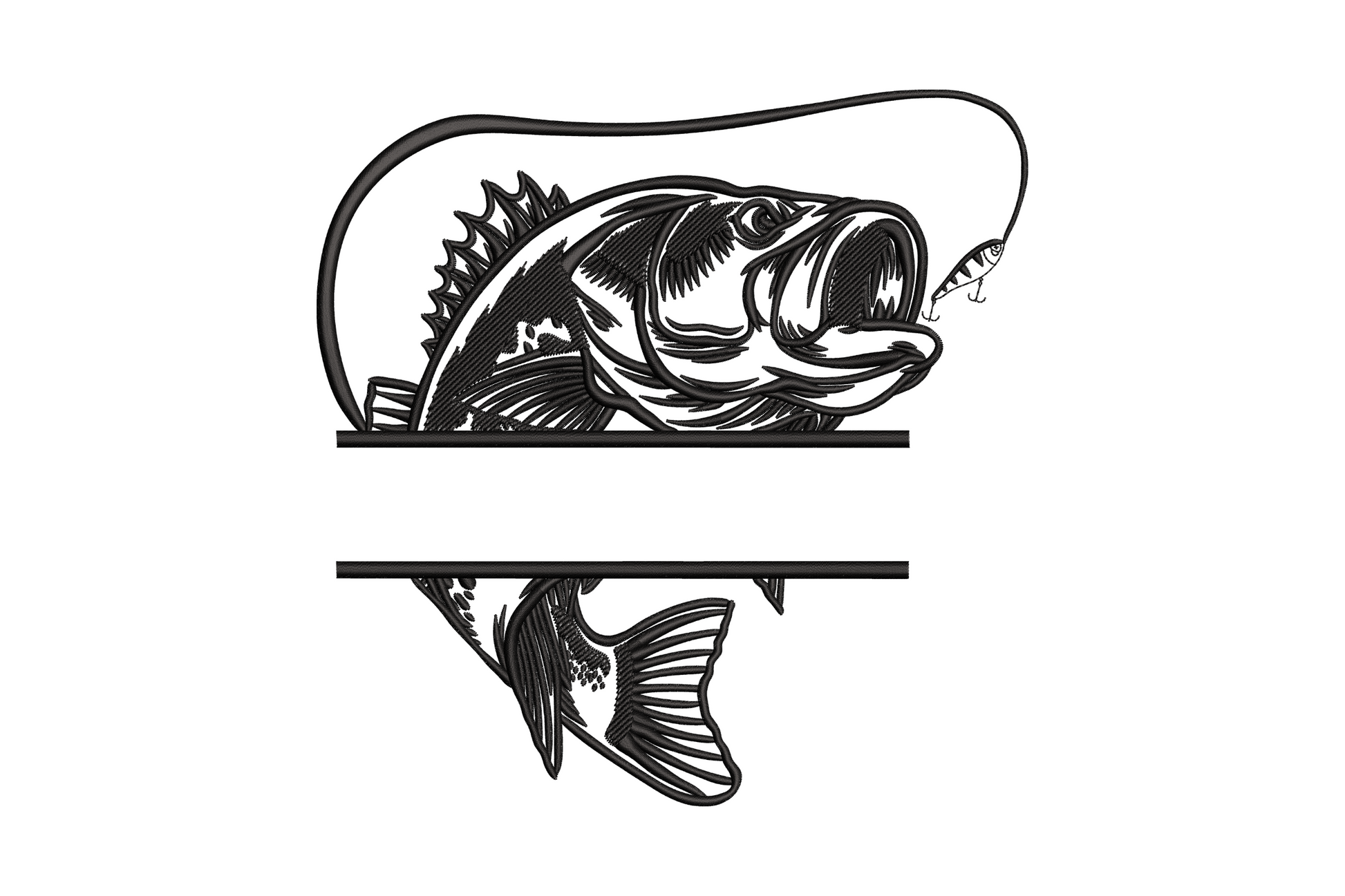 Jumping bass fishing line art embroidery with open-mouth bass on split monogram frame, detailed scales and fins, black linework