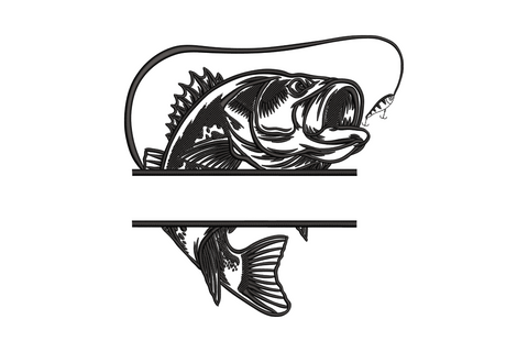 Jumping bass fishing line art embroidery with open-mouth bass on split monogram frame, detailed scales and fins, black linework