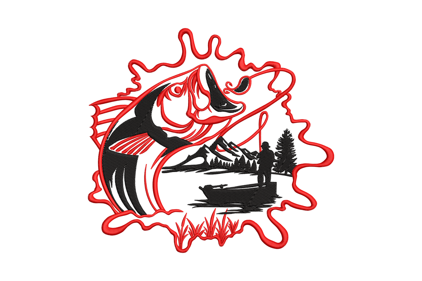 Machine embroidery of jumping largemouth bass with red splash frame and black silhouette fishing scene, mountains and pine trees background
