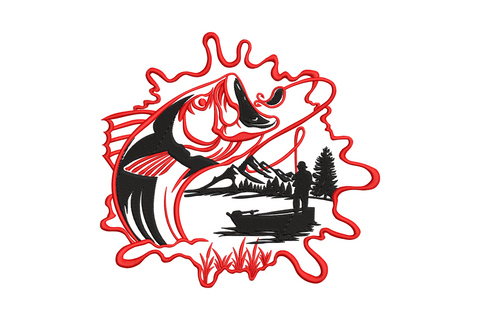 Machine embroidery of jumping largemouth bass with red splash frame and black silhouette fishing scene, mountains and pine trees background