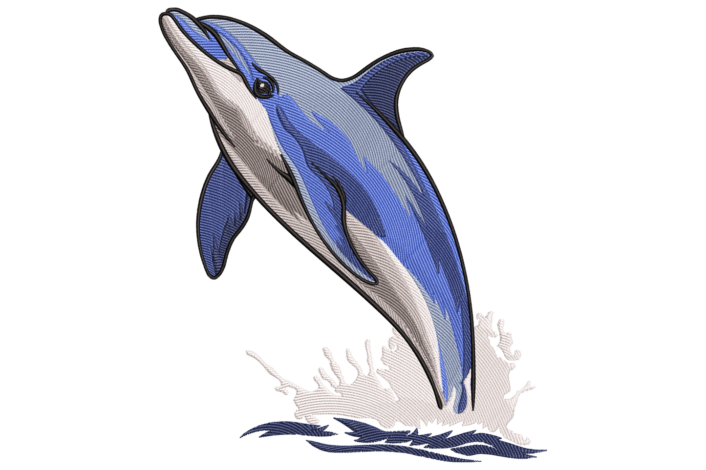 Jumping dolphin embroidery with royal blue back, silver belly and white wave splash beneath the leaping body.