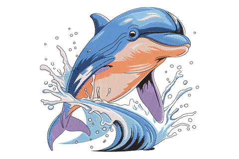 Jumping dolphin embroidery design, cerulean blue dolphin with salmon belly leaping from layered navy and blue wave splash.