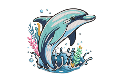 Jumping dolphin splash embroidery design, dolphin mid-leap over water burst, eleven colours from deep navy to turquoise white foam, dynamic vertical composition.