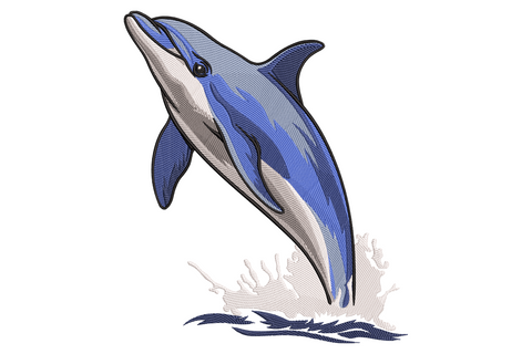 Embroidery of a blue dolphin leaping mid-air with white splash under its tail, layered light blue and navy threads.