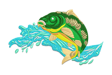 Jumping fish splash embroidery, largemouth bass leaping from turquoise water splash, 9 thread colours including forest green body, yellow belly stripe and white foam.